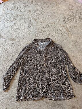 Anne Klein Leopard Print Button-Front Blouse in Black and Tan